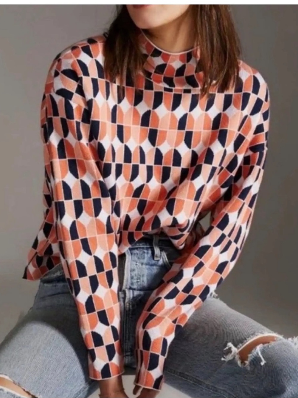 Anthropologie Maeve Geometric Carys Mock Neck Sweater in Coral, Navy & Cream